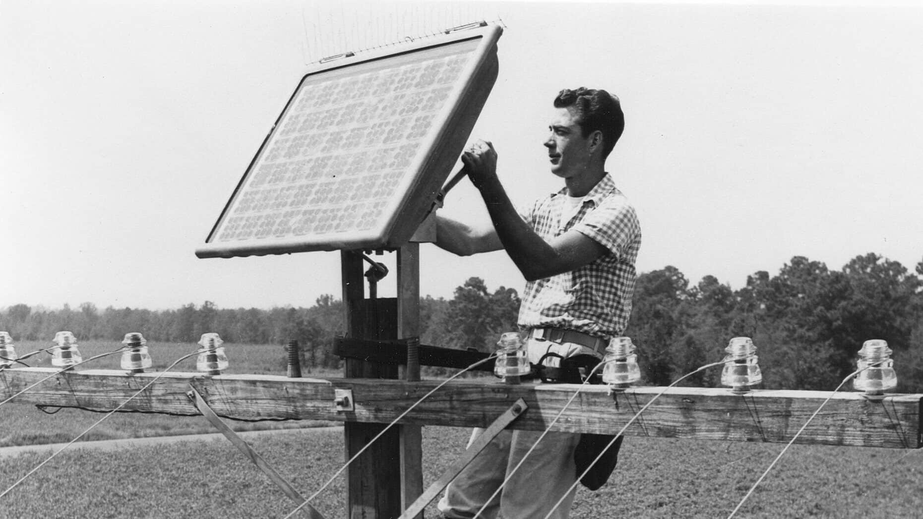Early solar panels on telephone poles, a big step forward in solar history.